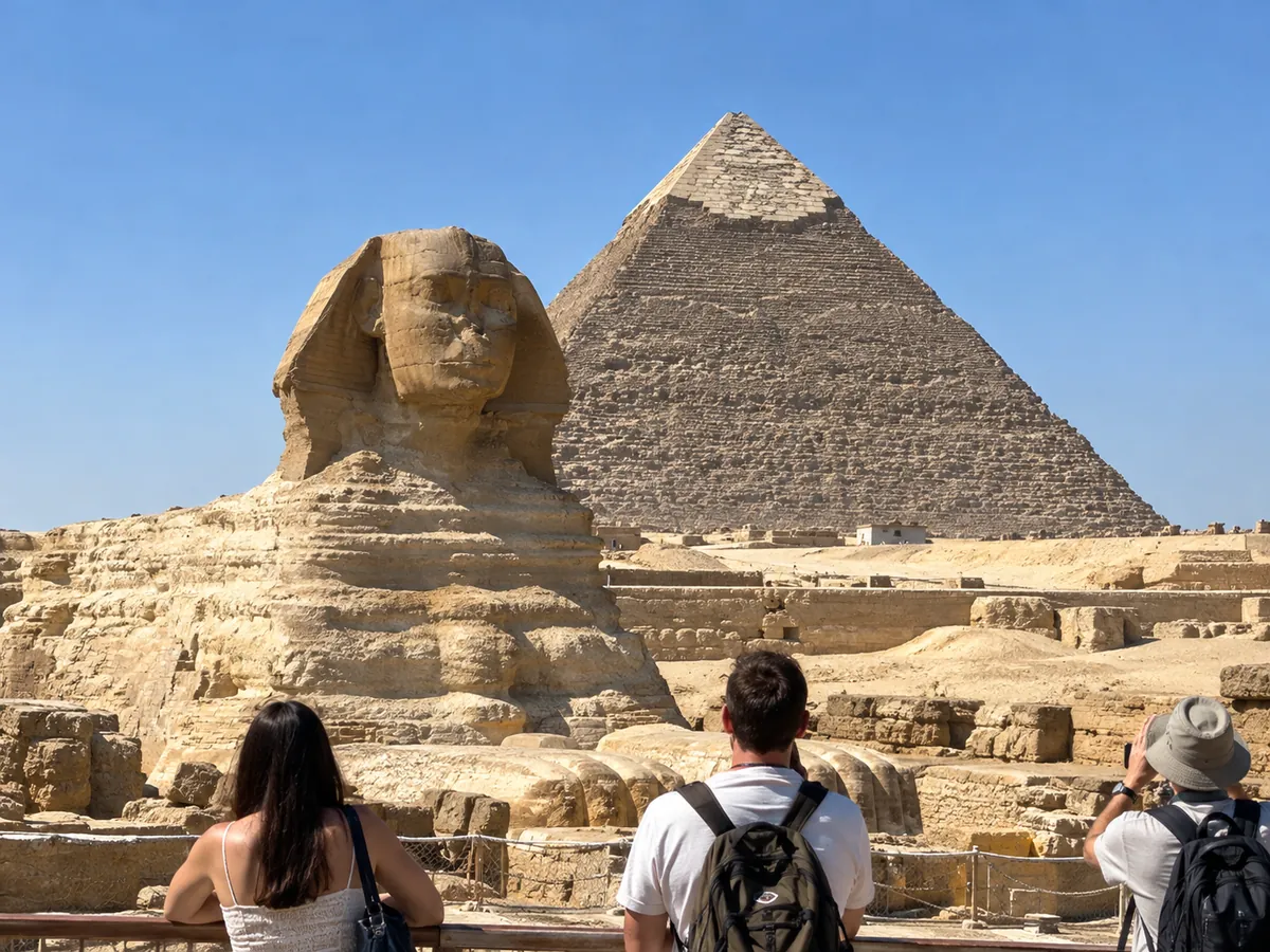 Besucher auf der Aussichtsterrasse vor der Großen Sphinx mit der Chephren-Pyramide dahinter